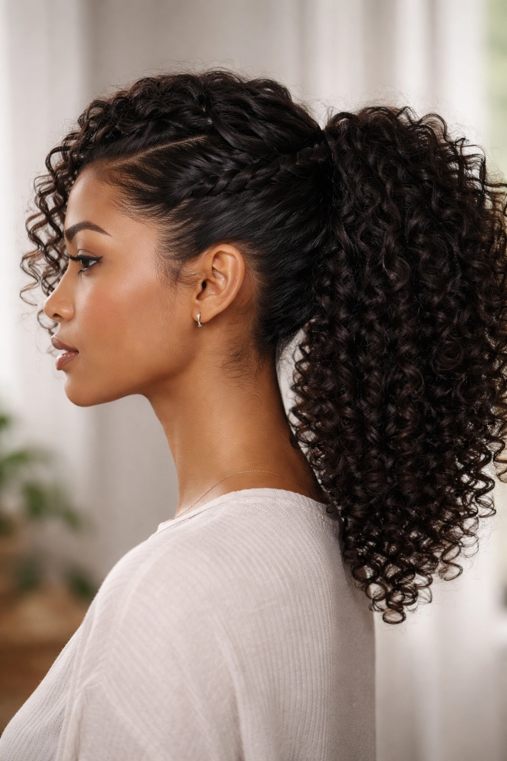 Side-profile of sculptural twist weave with mid-height ponytail