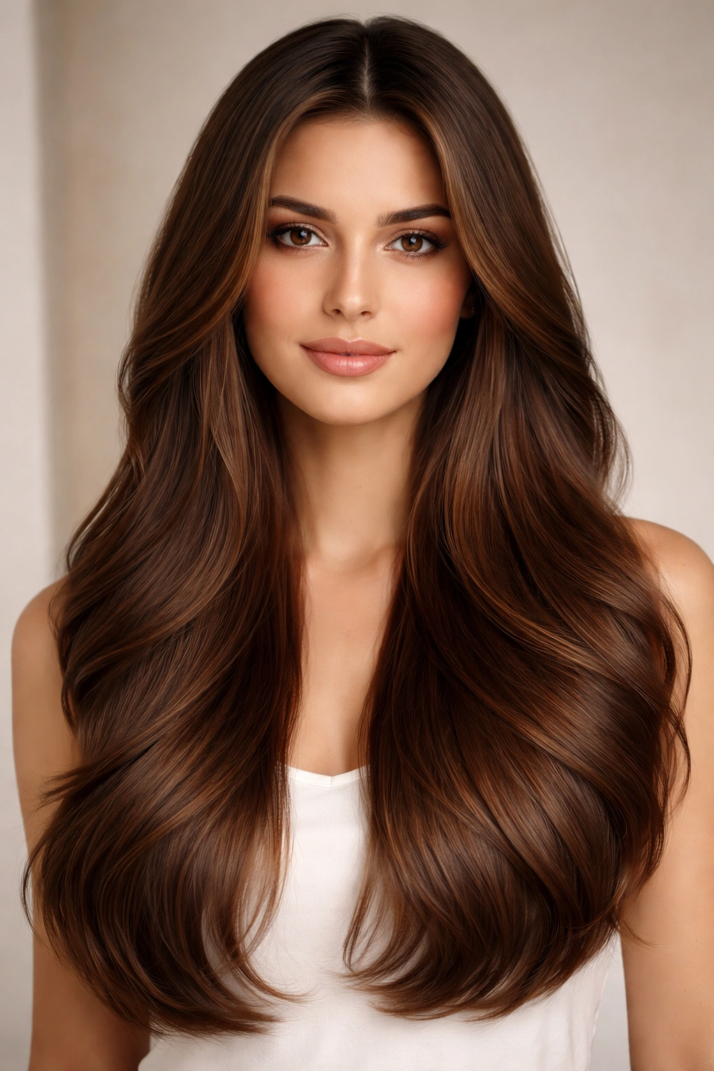 Long brown hair with invisible gradation and seamless layers