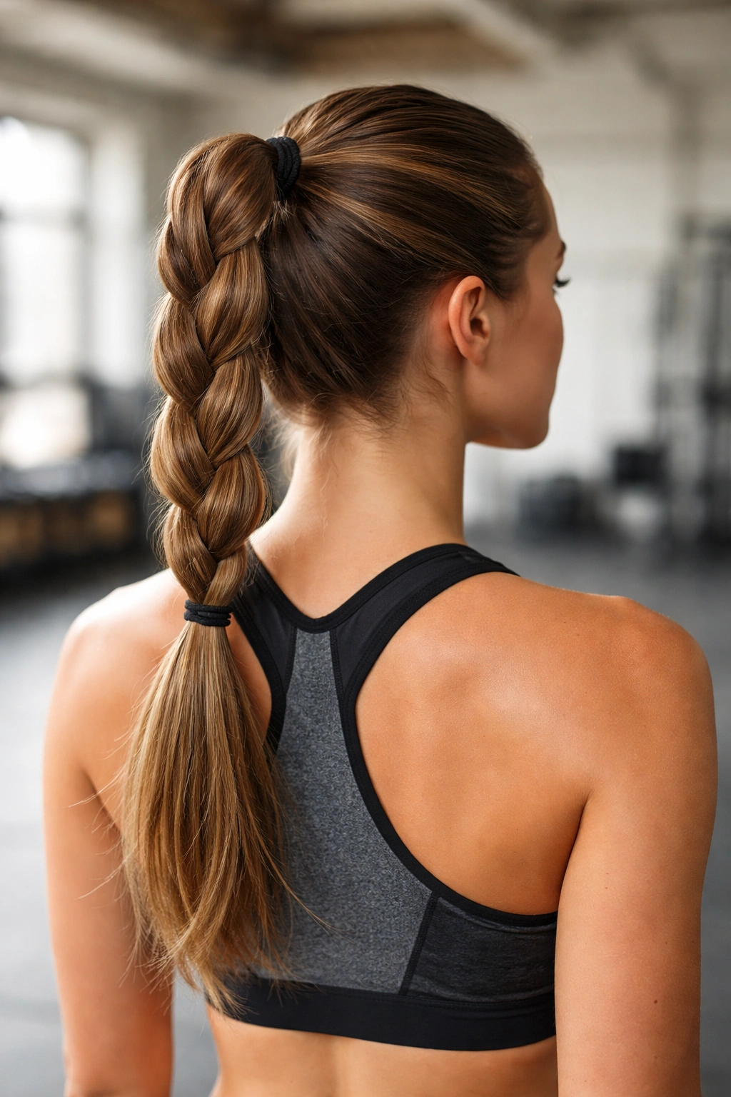 Ponytail with multiple braided sections bound into one.