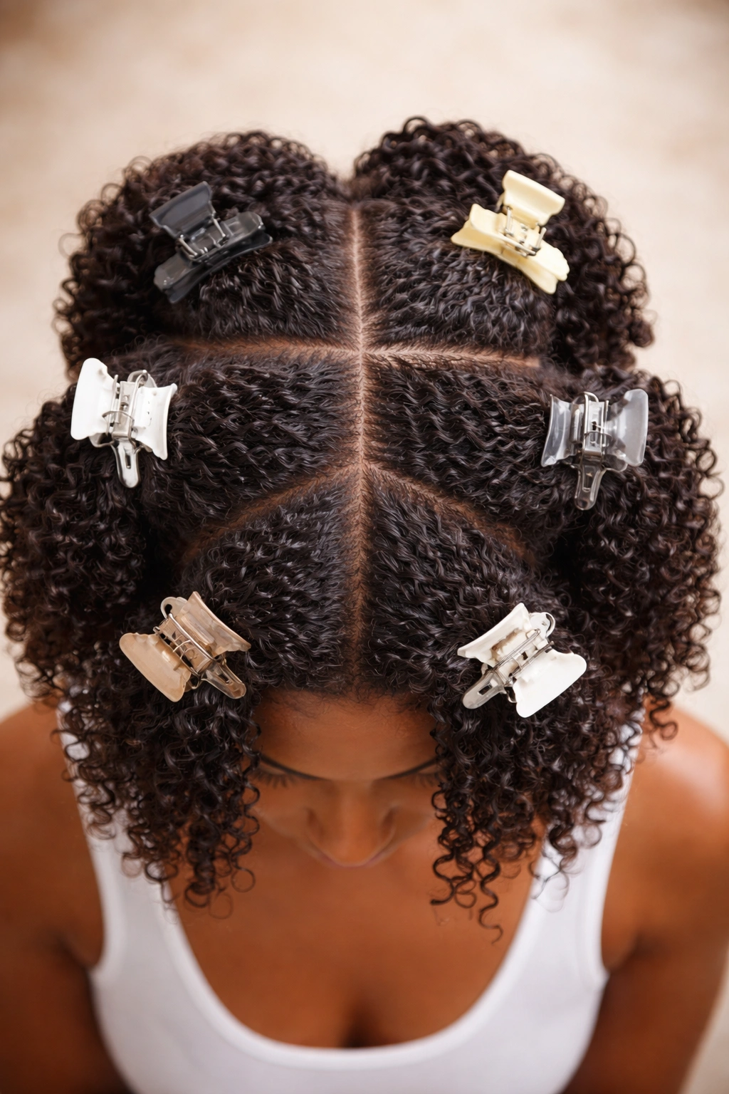Damp hair sectioned into grid with clips for drying
