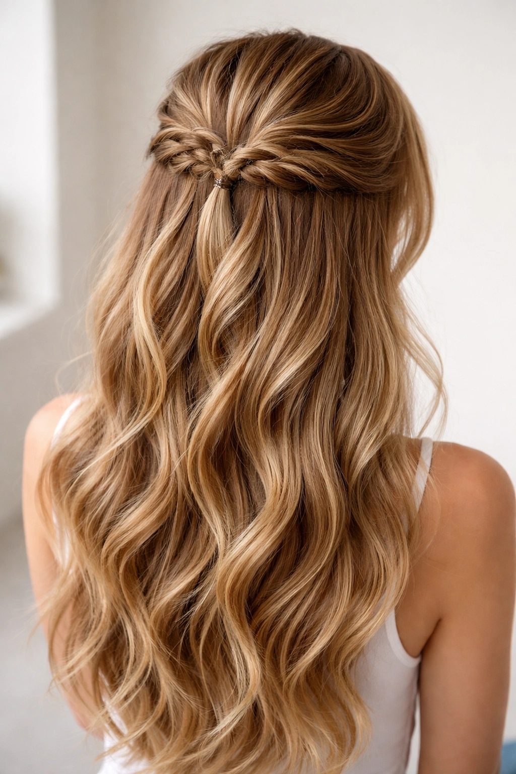 Crown area with multiple thin twists gathered at the back