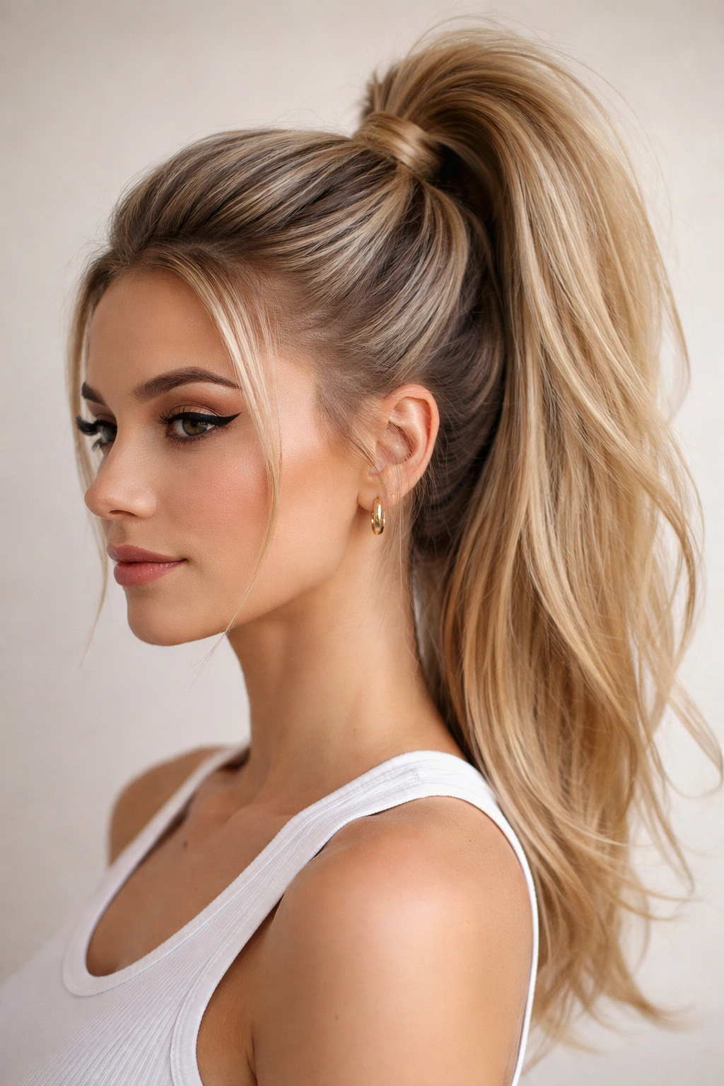 High ponytail with vertical sections and teased texture for fullness