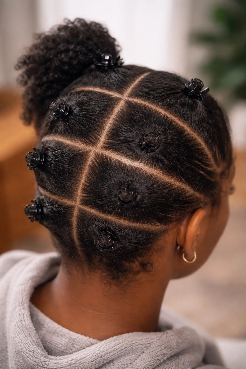 Head with clearly sectioned hair showing horizontal part lines for Bantu knots