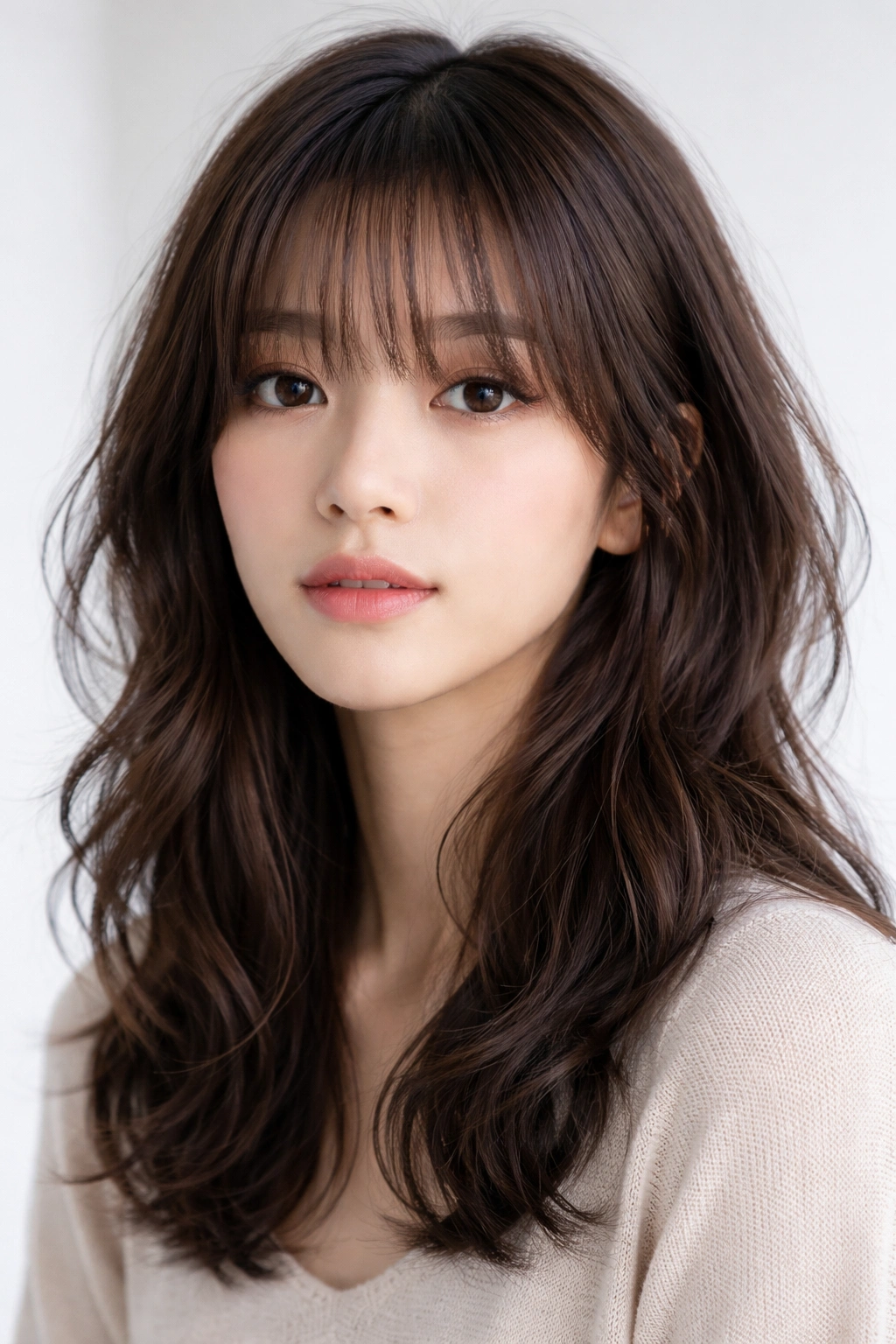 Model with see-through bangs and textured medium-length hair