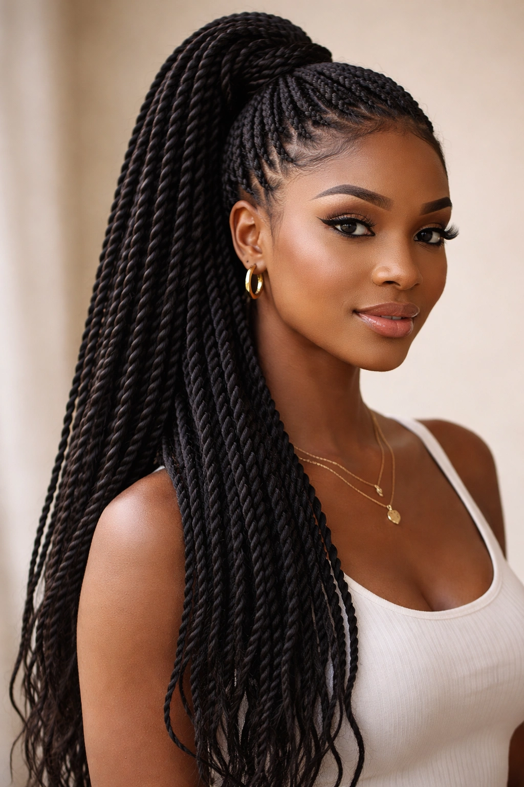 Senegalese twists blended with extensions into a seamless ponytail
