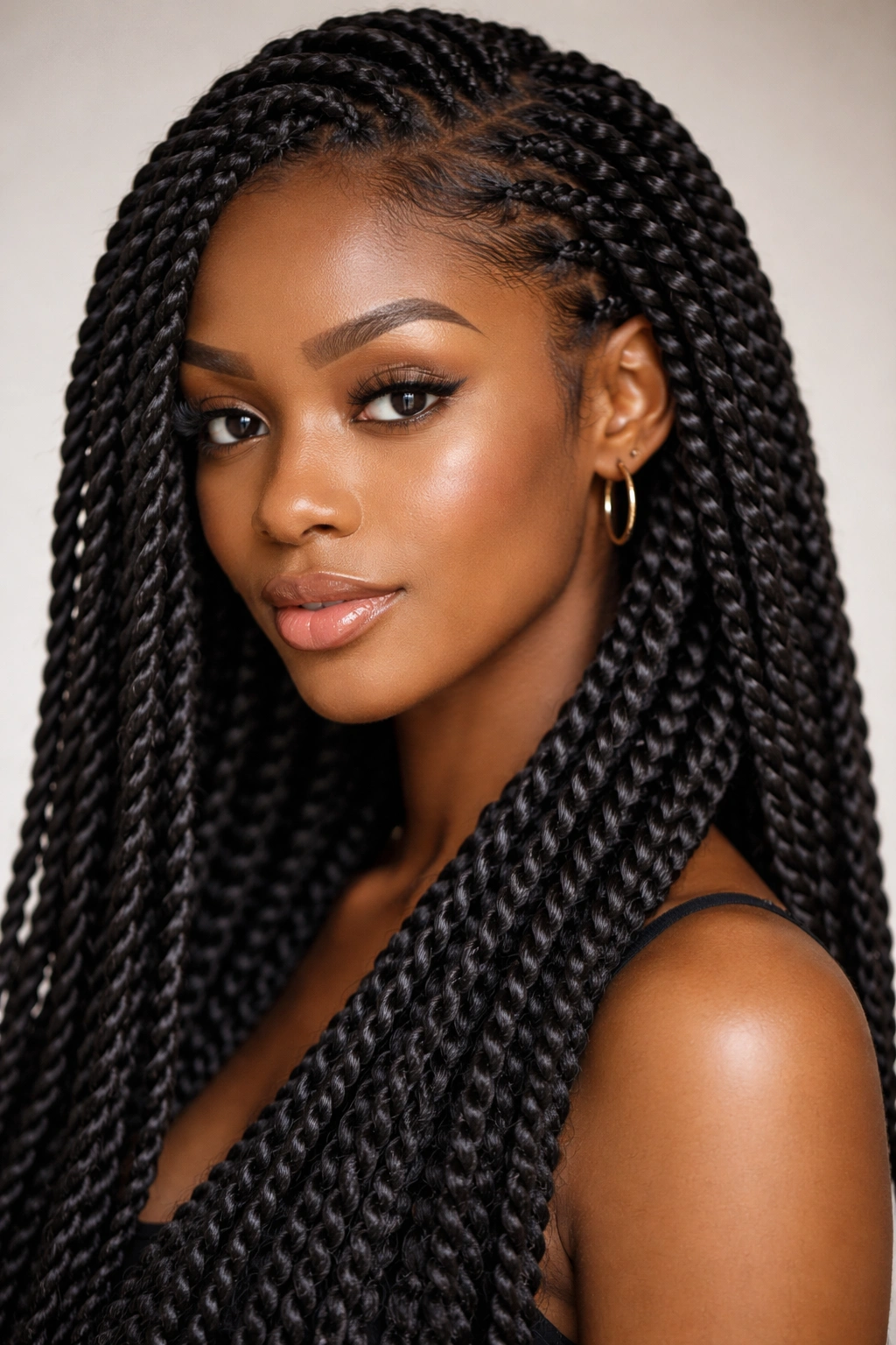 Close-up of Senegalese twists with wrapping hair on 4C hair