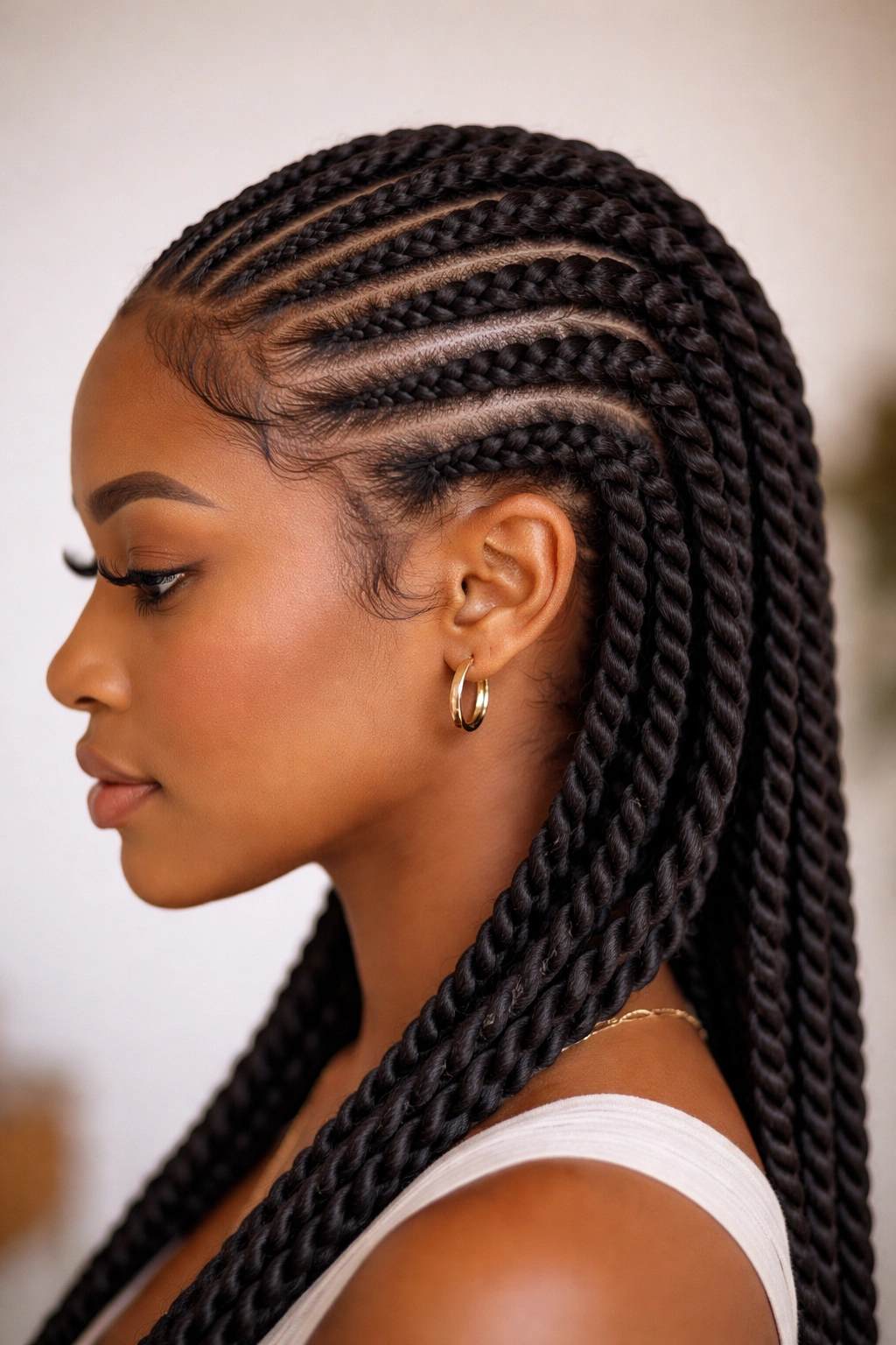 Senegalese twists braided against the scalp in a cornrow pattern