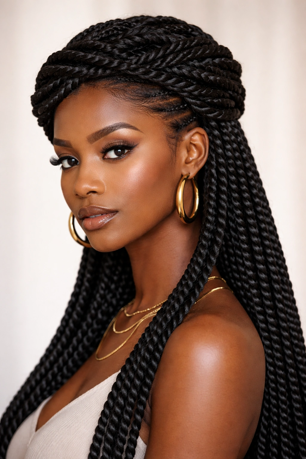 Senegalese twists with wrapped crown detail on 4C hair