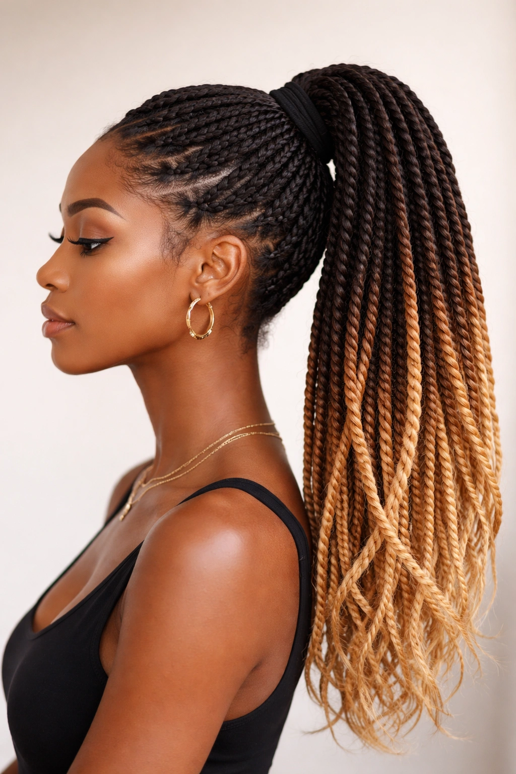 Front-facing portrait of Senegalese twists ponytail with gradient coloring