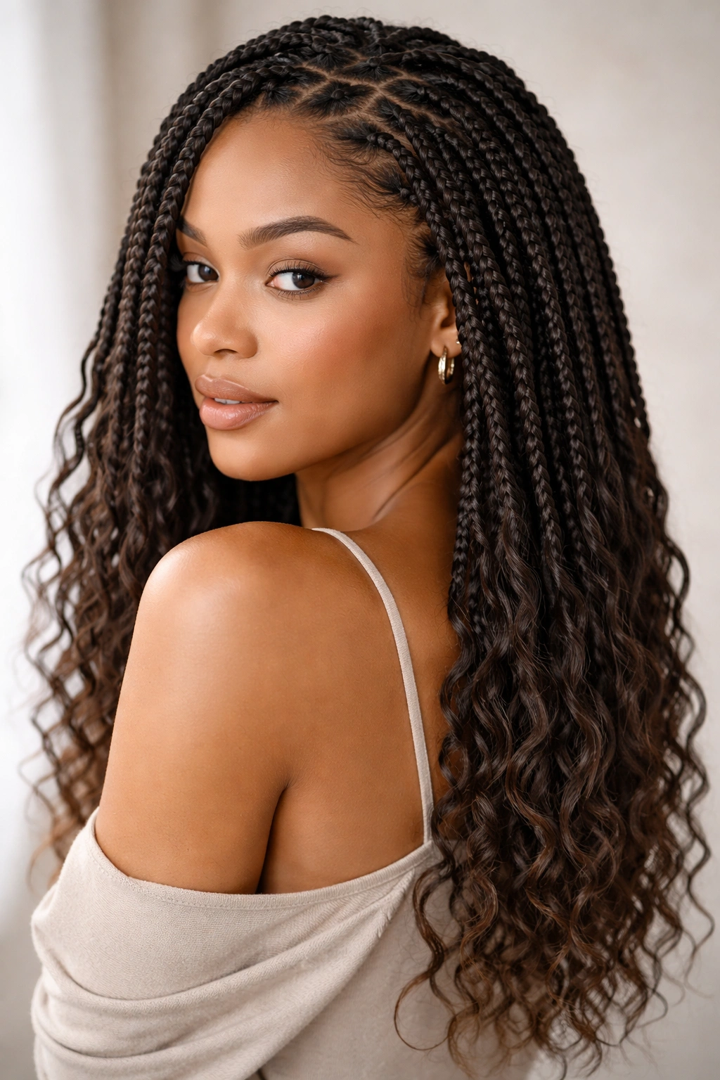 Close-up of slender Senegalese twists with natural ends and waves