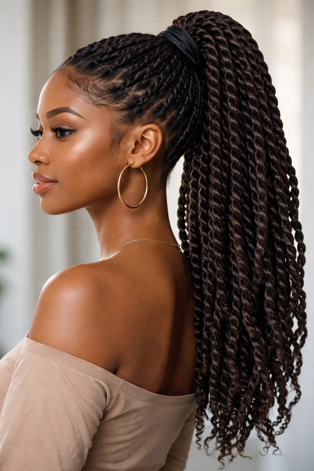 Senegalese twists ponytail featuring thick rope-like twists in a high ponytail