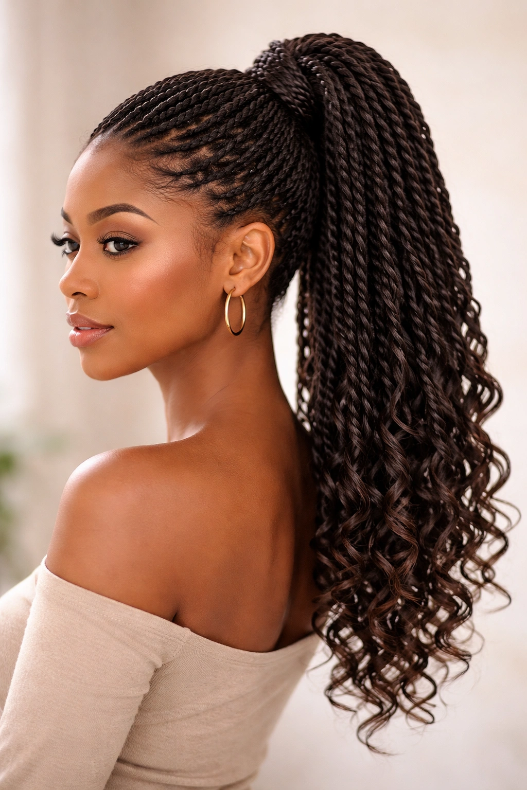Senegalese twists into a ponytail with curled ends