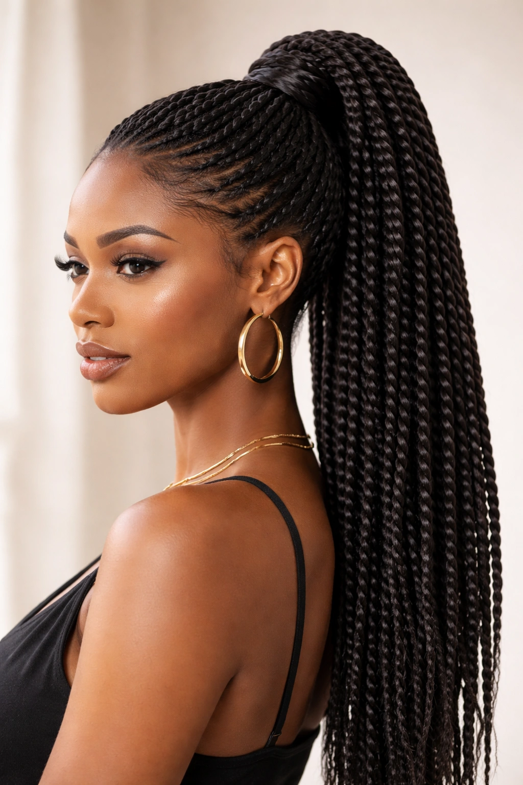 Senegalese Twist Ponytail: glossy rope-like twists in a high ponytail