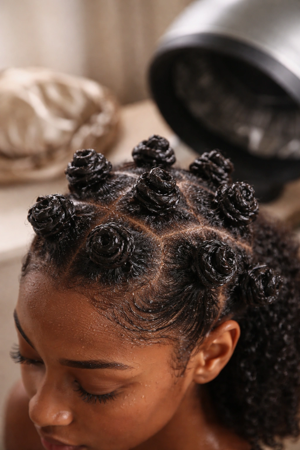 Damp Bantu knots setting under satin bonnet with moisture and texture visible