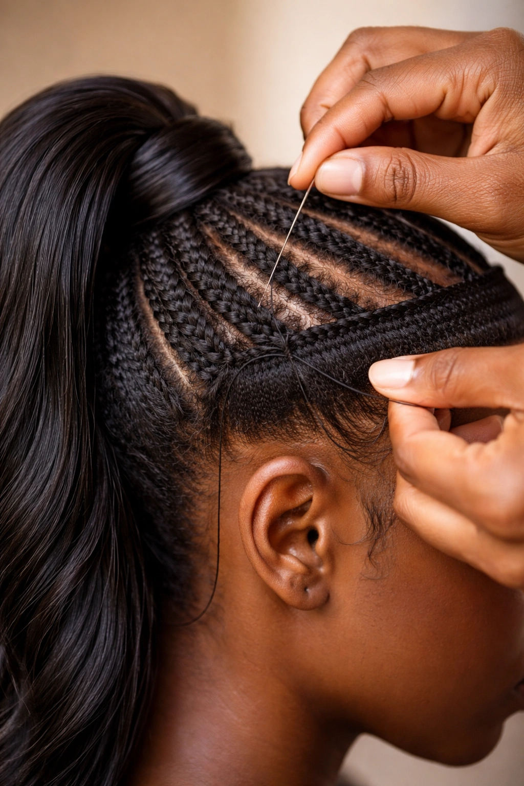 Macro close-up of cornrows with a sewn-in ponytail extension being attached