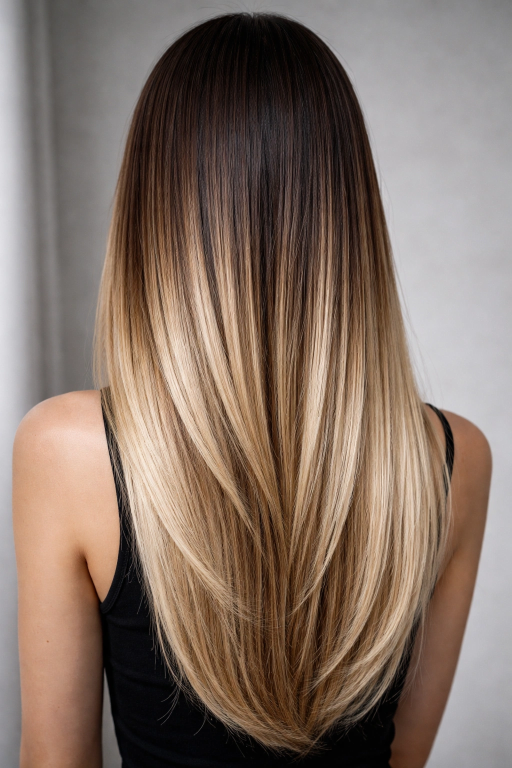 Close-up of straight hair showing dark shadow roots fading into lighter lengths