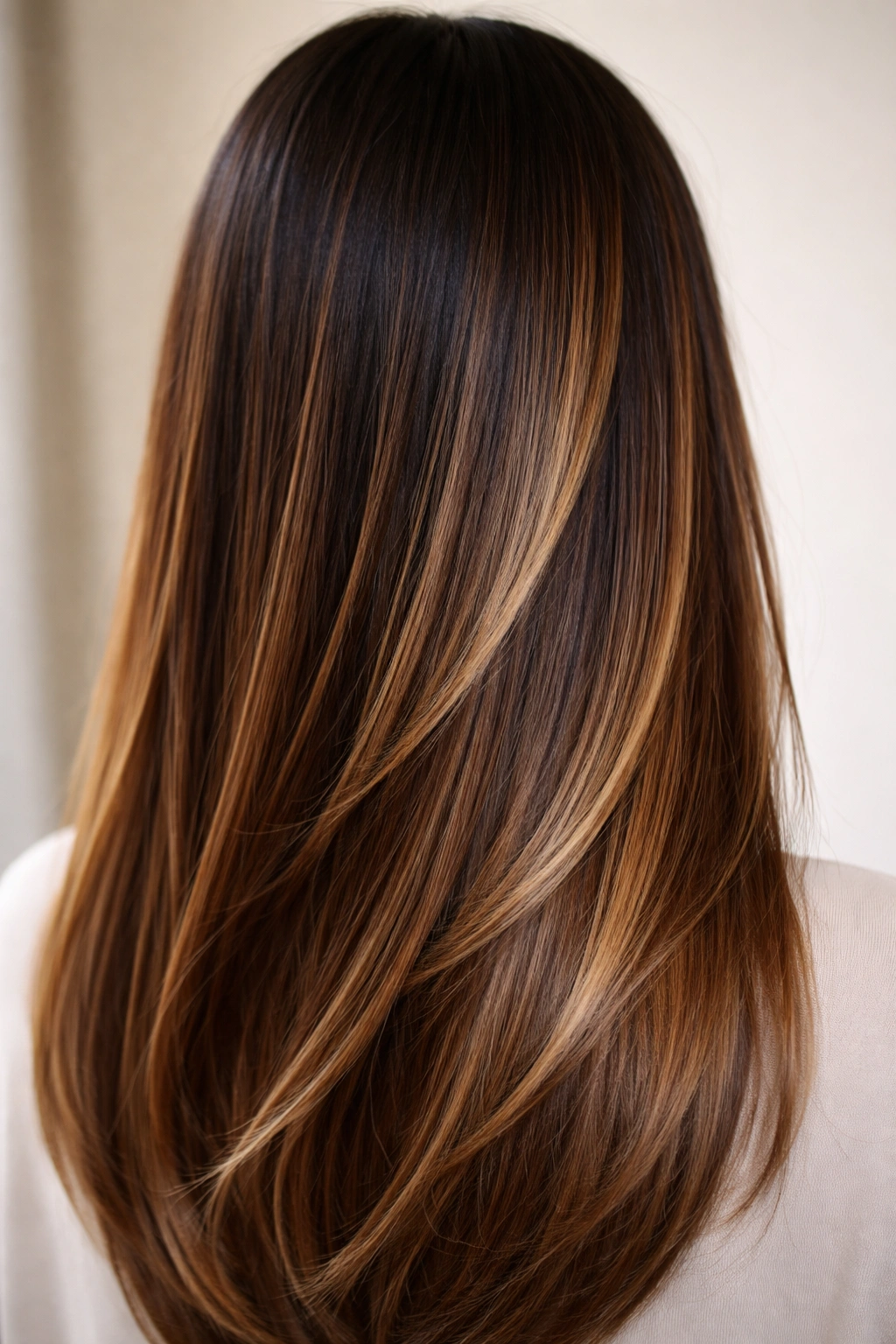 Straight hair with a shadow root fading into caramel accents