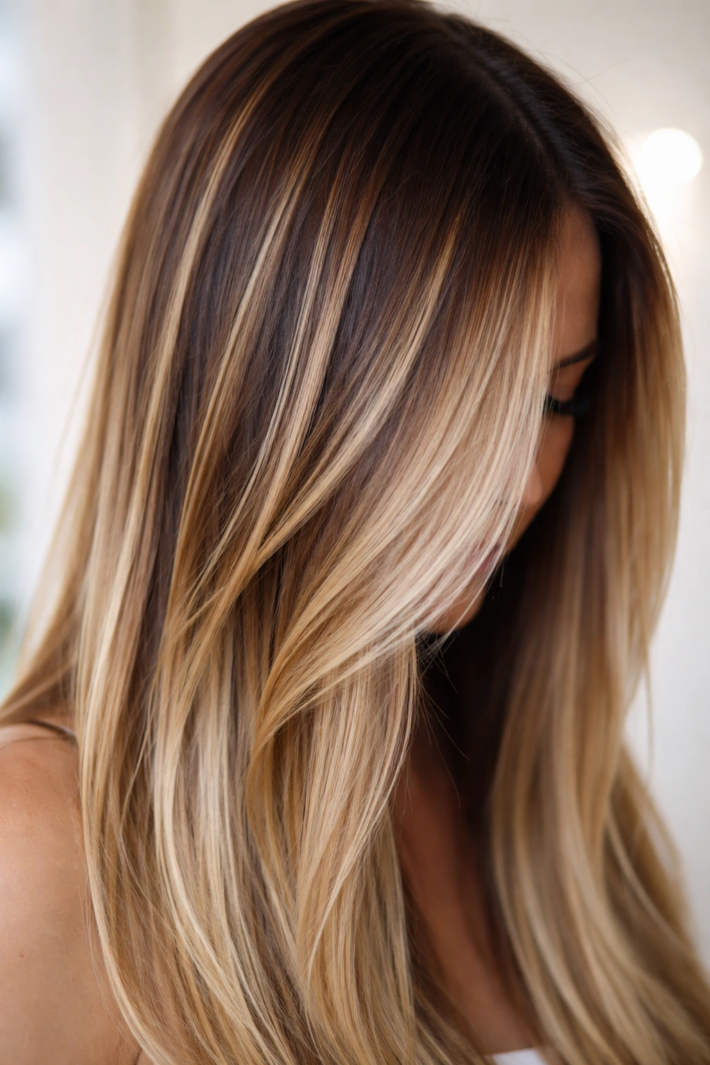 Close-up of straight hair showing shadow root highlights with darker roots blending into lighter lengths.