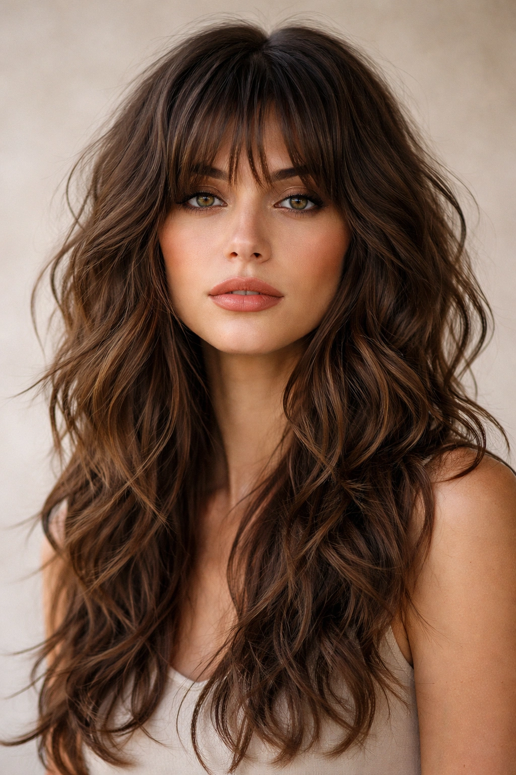 Close-up of shag bangs with choppy layers and textured movement