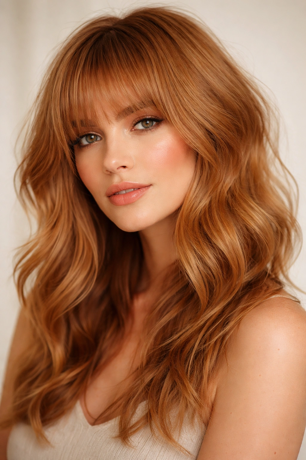 Close-up of a strawberry-blonde shag with long textured bangs and face-framing layers.