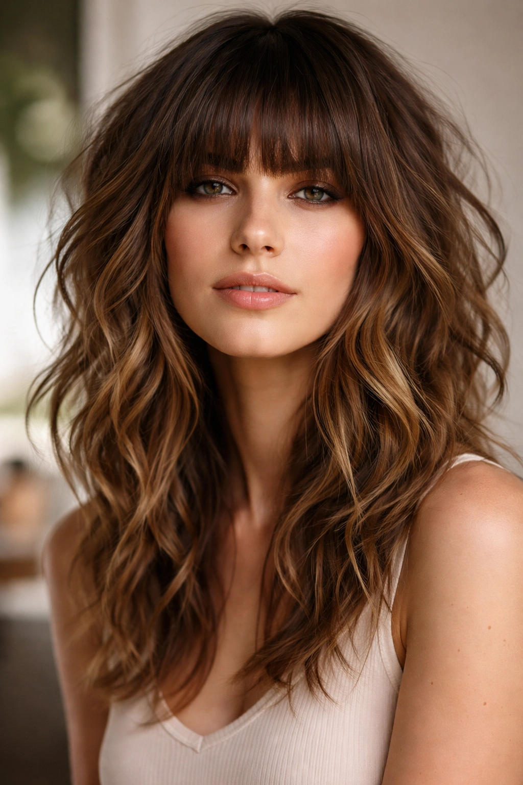 Shag with blunt bangs on a shoulder-length cut showing bold textured bangs