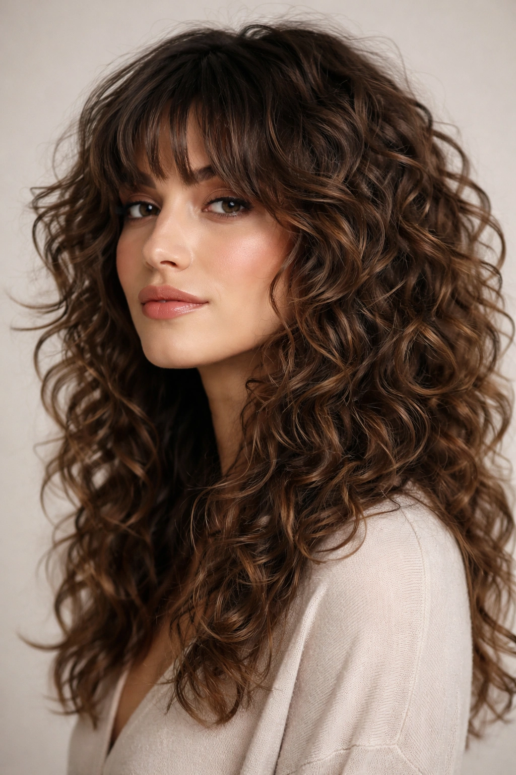 Close-up of a person with a curly-textured shag haircut showing defined curls and layered texture