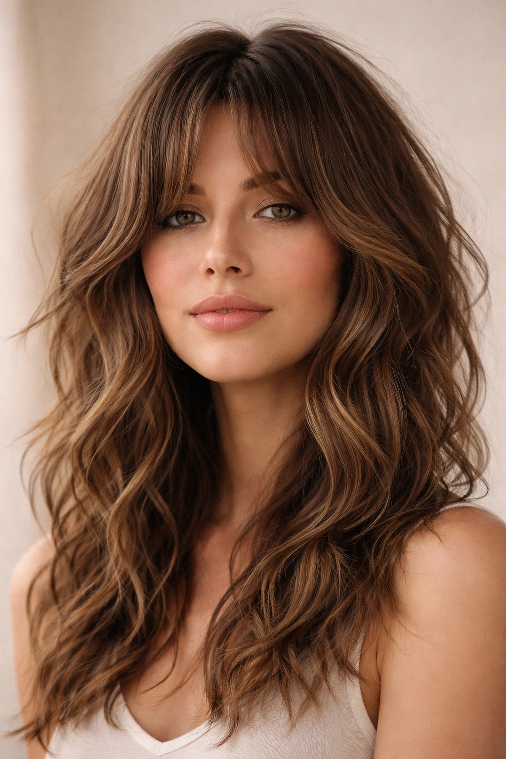 Shaggy curtains framing the face with wave texture and layered shag backdrop