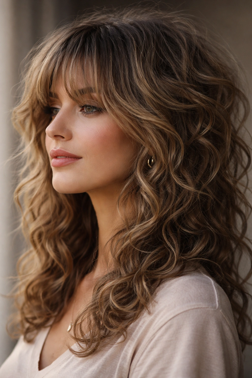 Shag cut with feathered bangs on curly hair, motion and volume