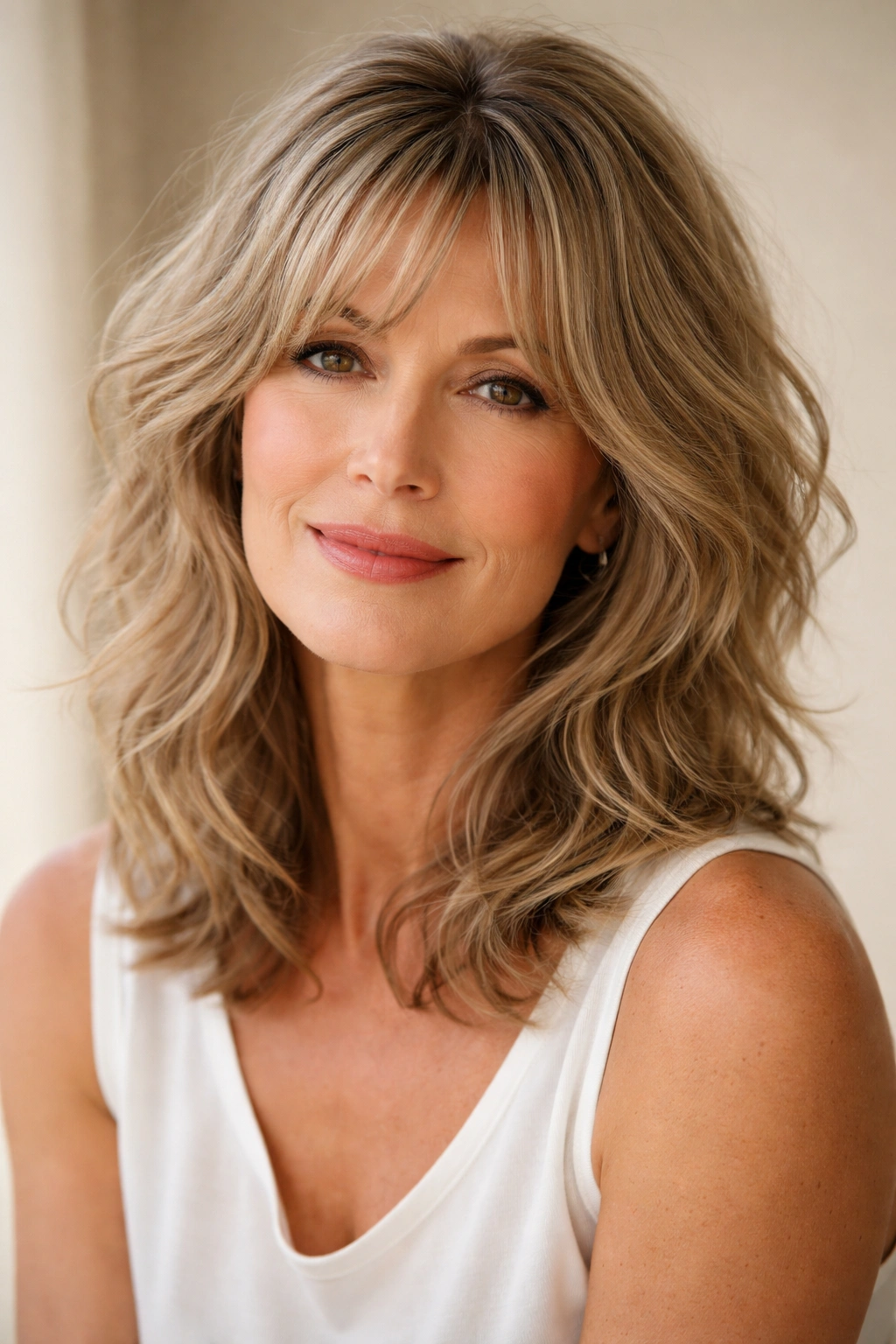 Portrait of a woman over 50 with a wavy shag haircut highlighting texture and movement