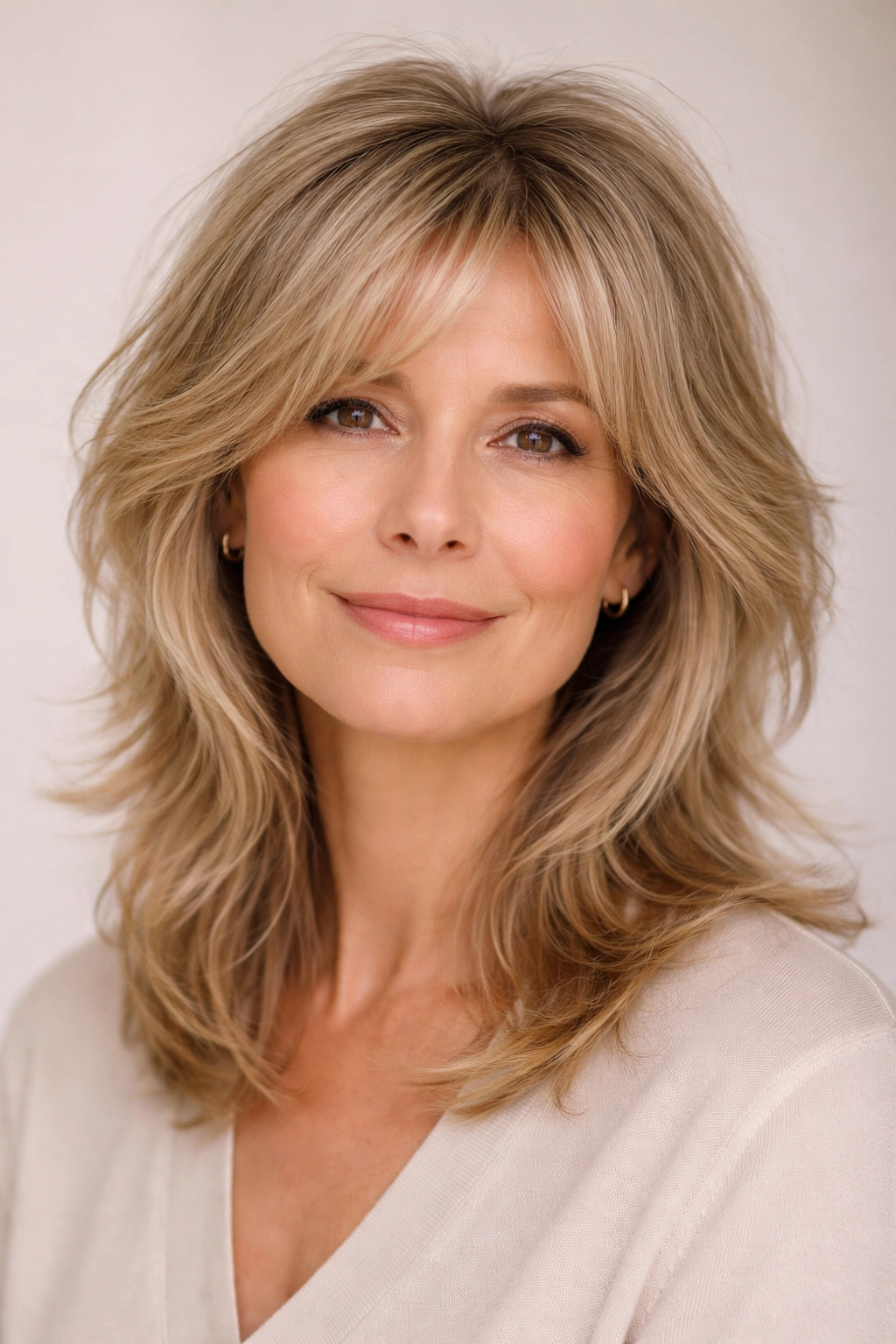 Close-up portrait of a woman with fine hair showing subtle layered shag and soft texture