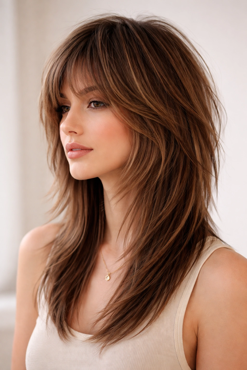Shag haircut on straight hair with feathered, piecy layers
