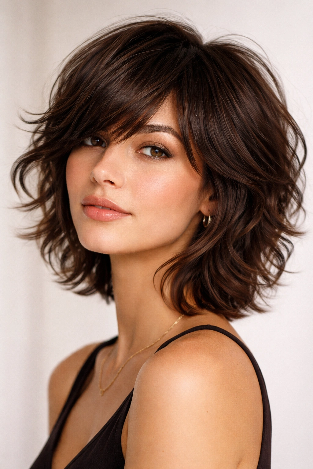 Brunette short shag hairstyle with layered waves.