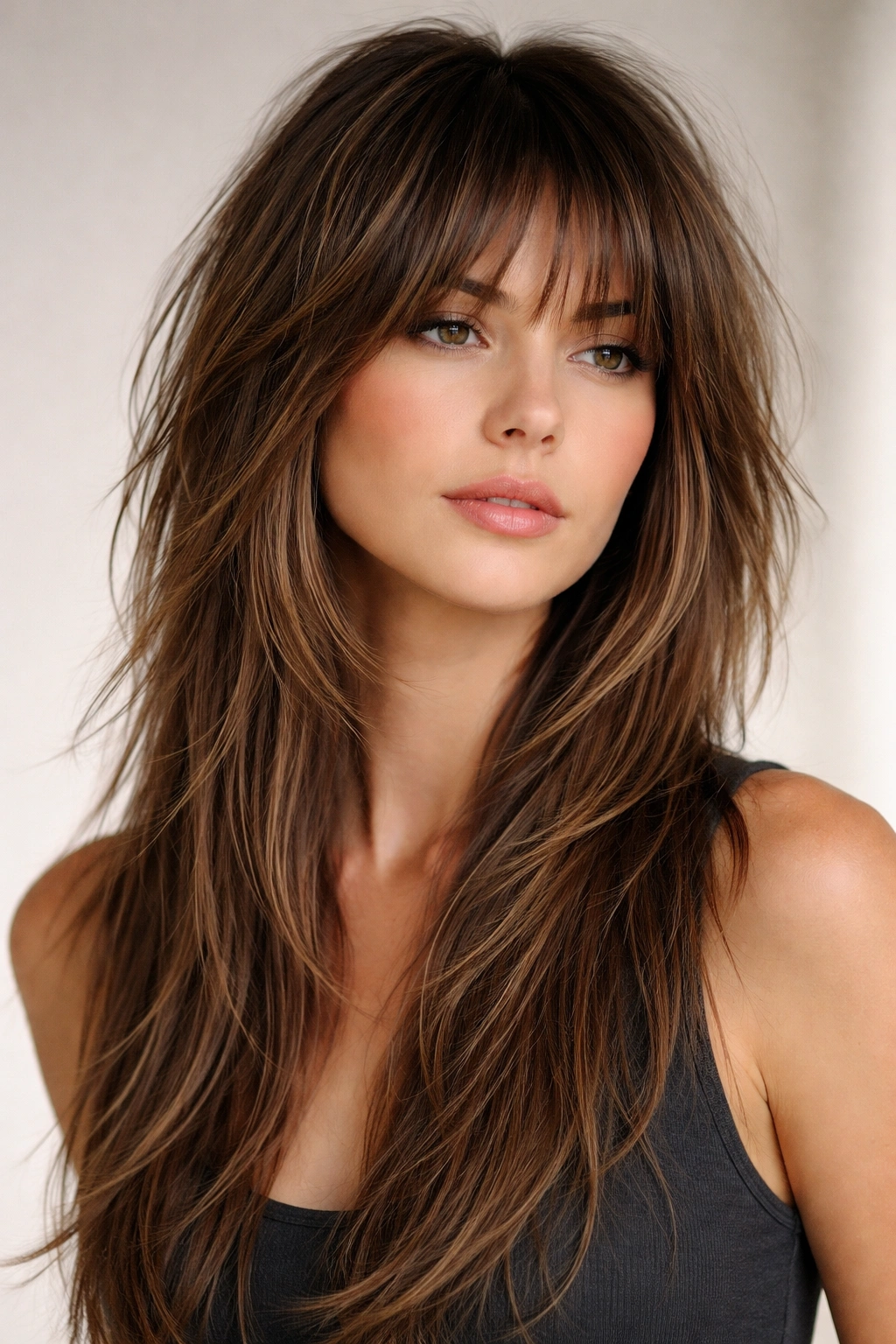 Close-up of a model with a modern shag cut featuring long textured layers on straight hair
