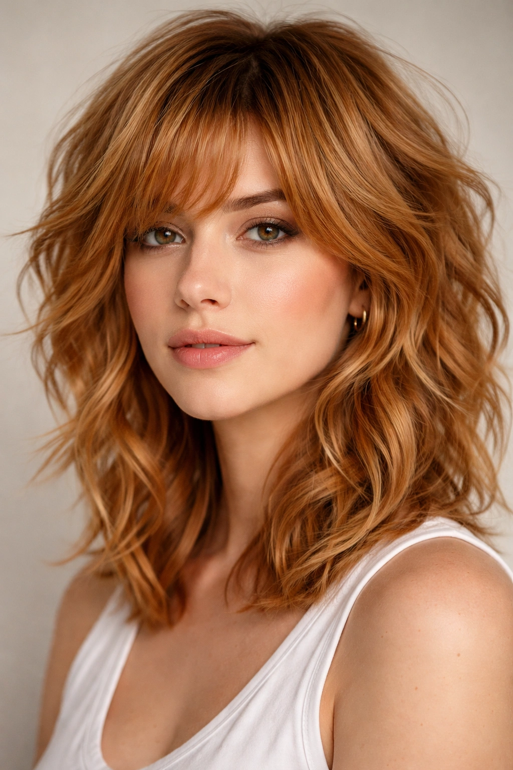 Close-up of a textured shag hairstyle in strawberry blonde with choppy layers and warm highlights