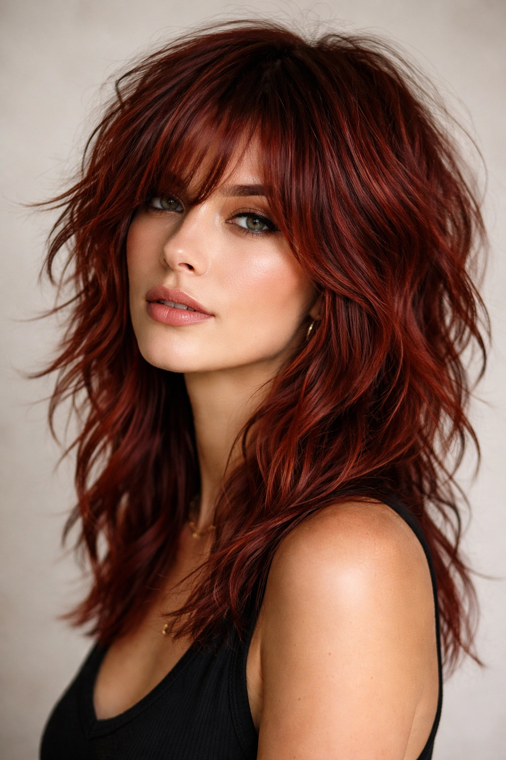 Red hair in a tousled wavy shag with choppy texture and edge.