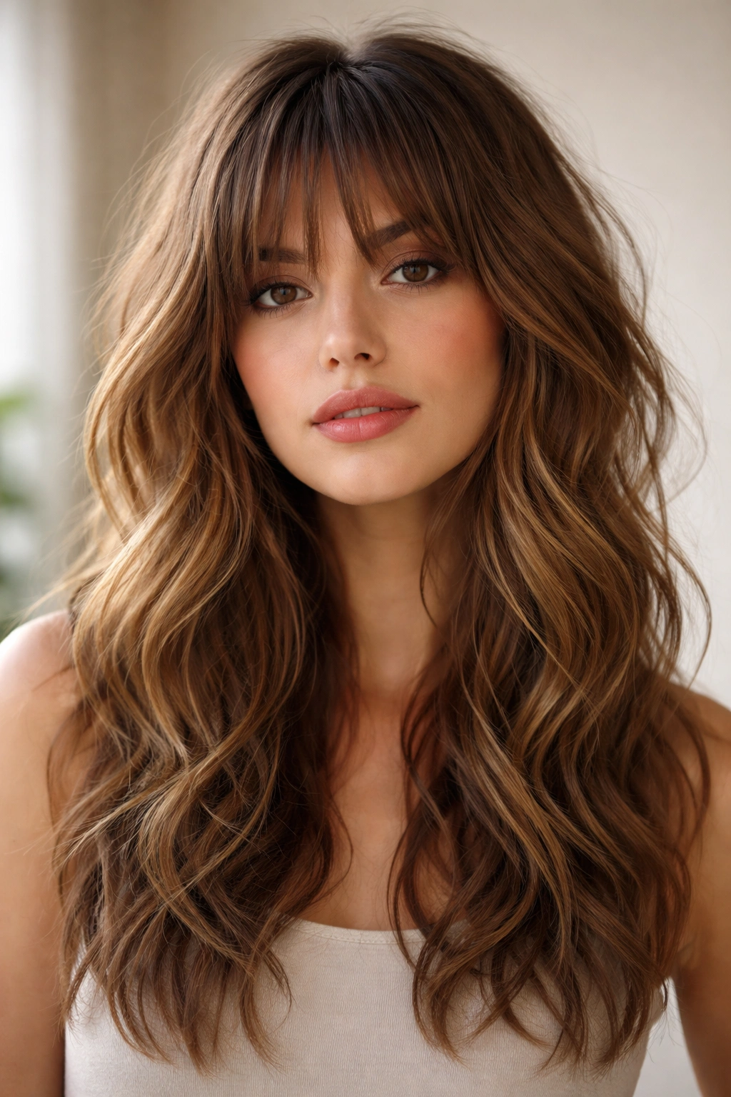 Portrait of shaggy bangs with layered waves showing an undone texture