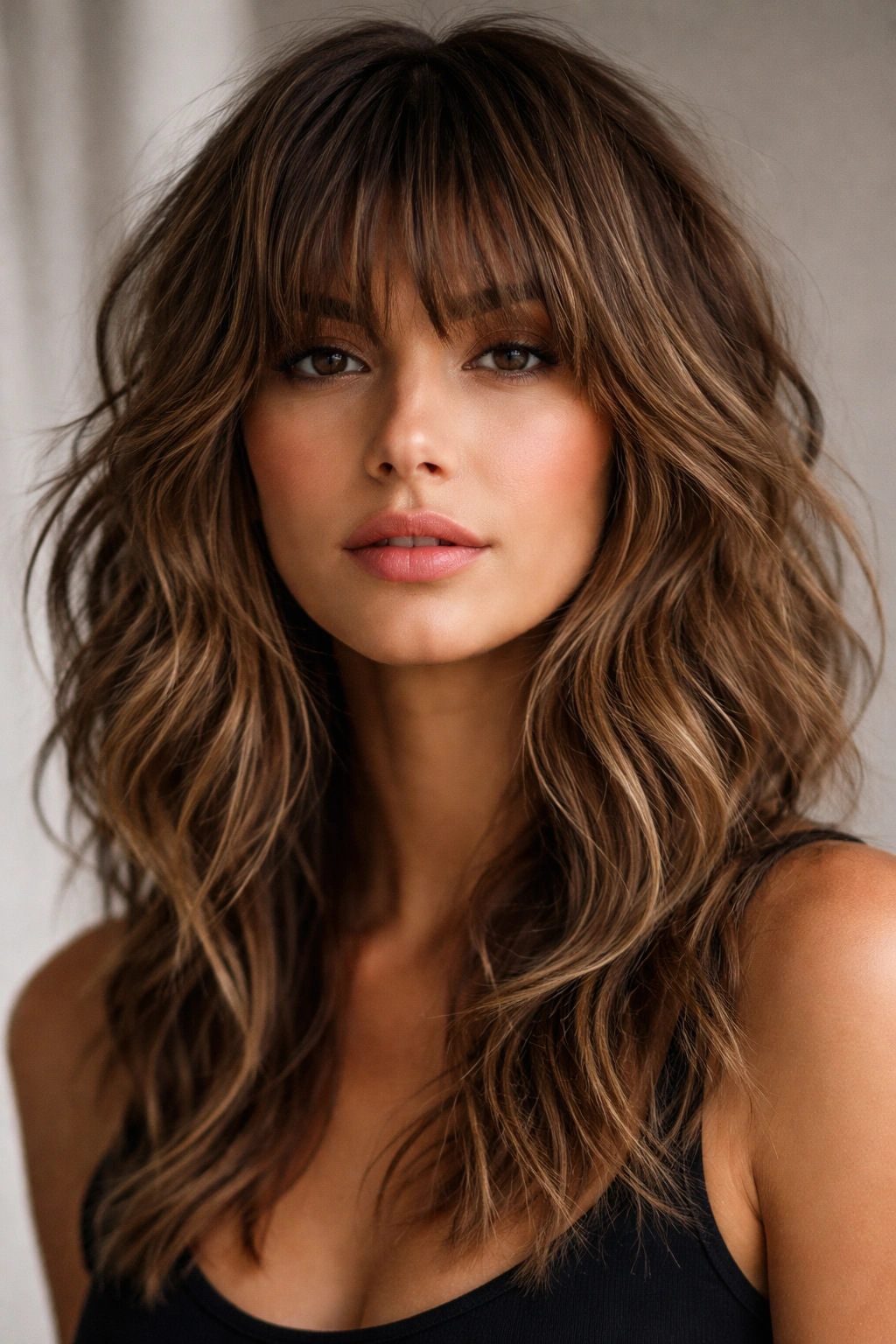 Shaggy layered bangs with textured waves in a rock style.