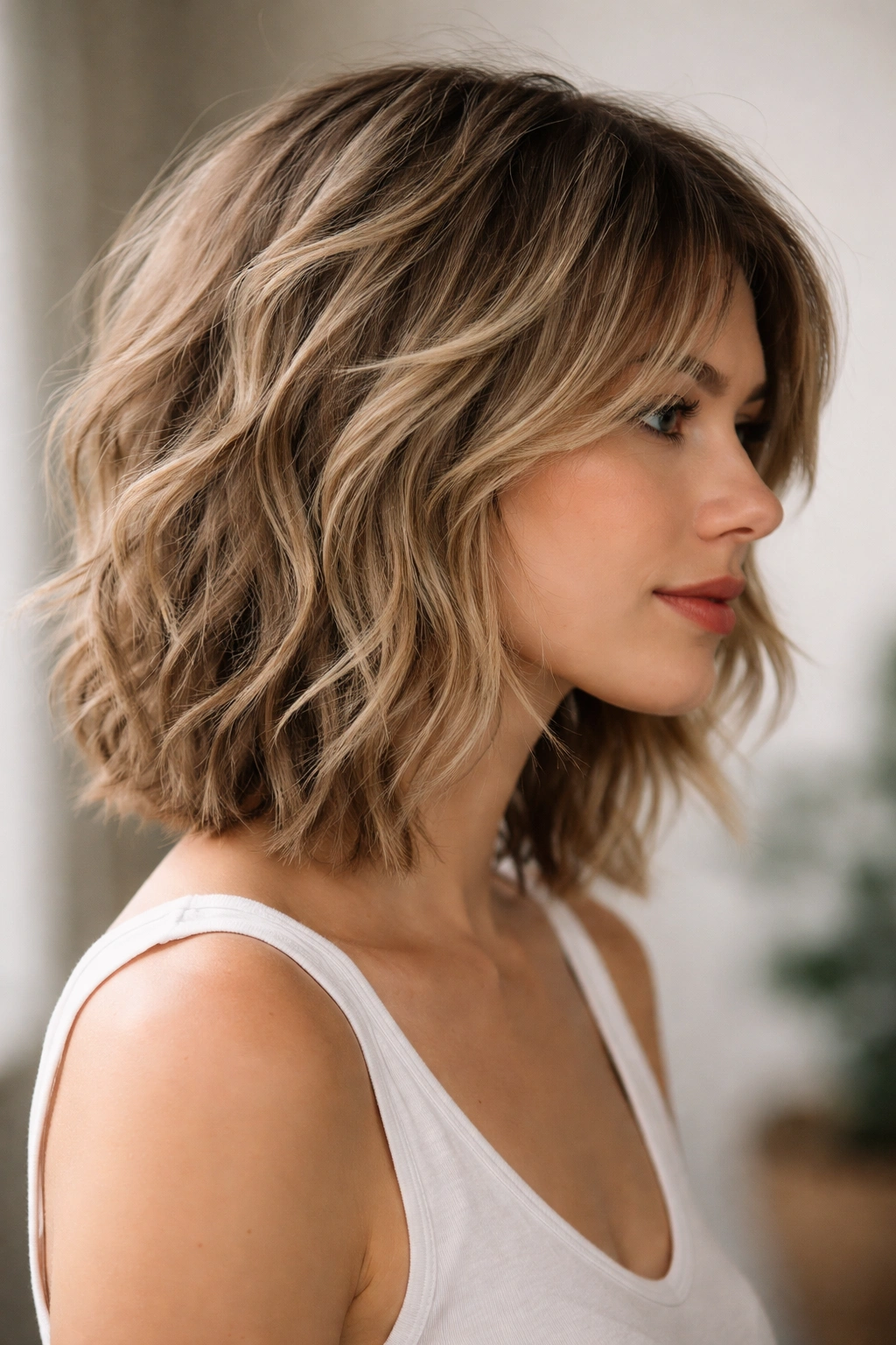 Shoulder-length shaggy bob with choppy layers and waves