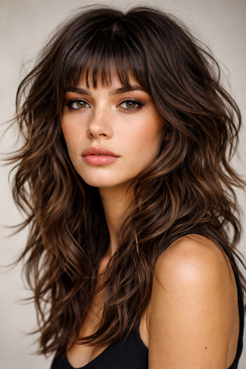 Close-up of shaggy butterfly haircut with micro bangs and textured waves.