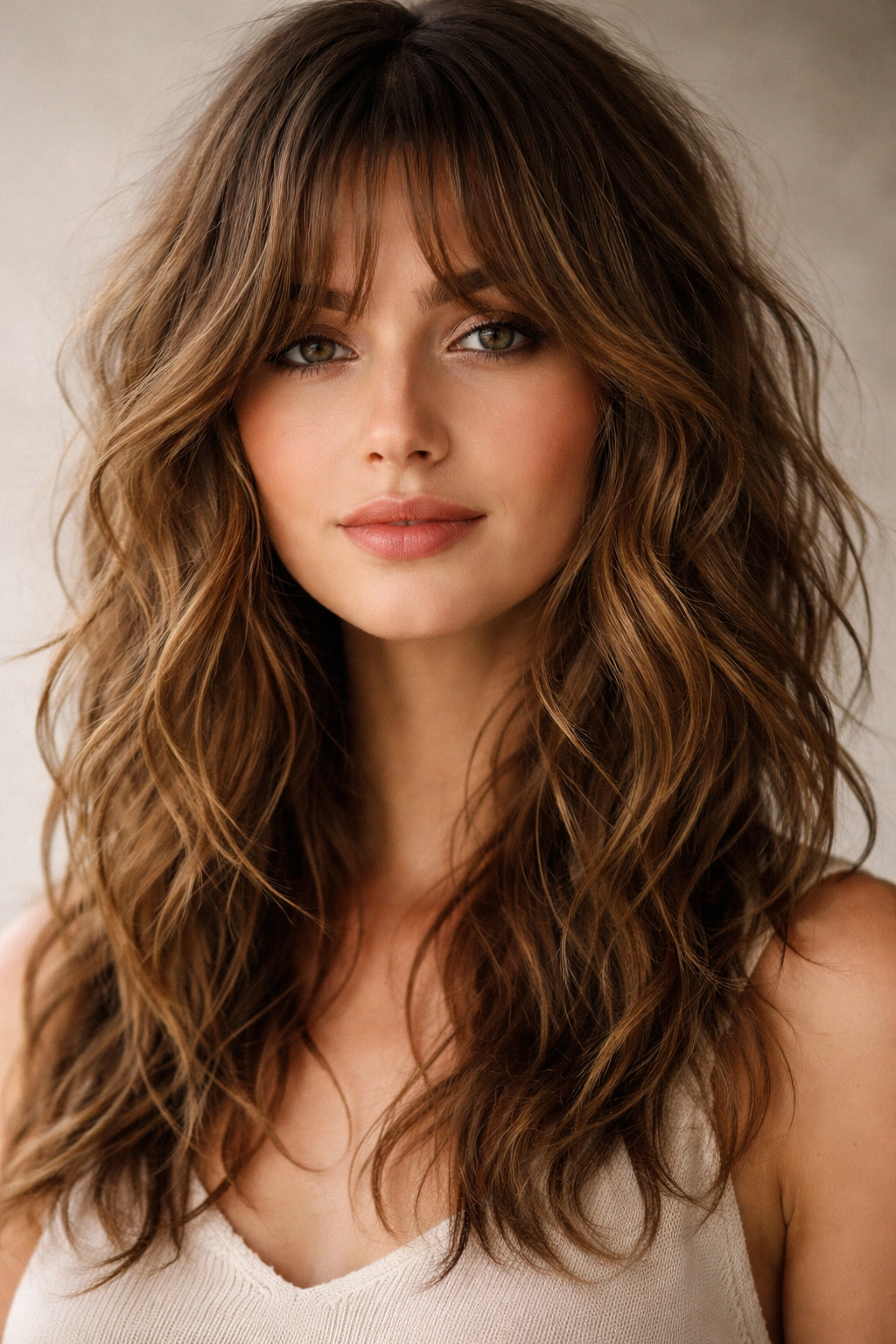 Close-up of a person with shaggy curtain bangs and textured layers in wavy hair