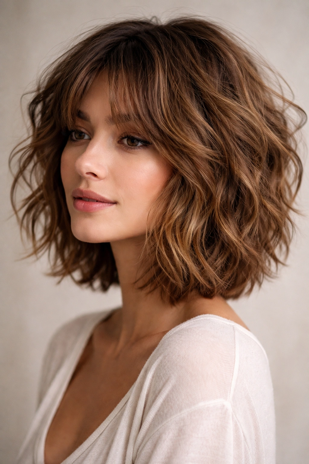 Shaggy layered bob hairstyle with voluminous crown and face-framing texture