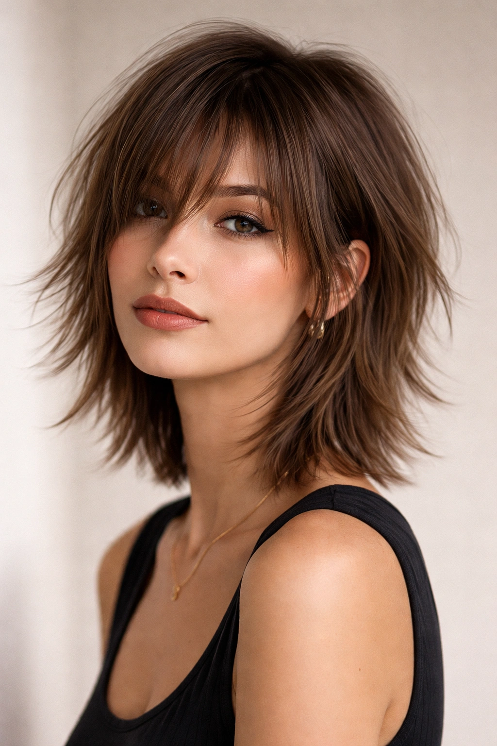 Medium-short haircut with shaggy, uneven layers on straight hair