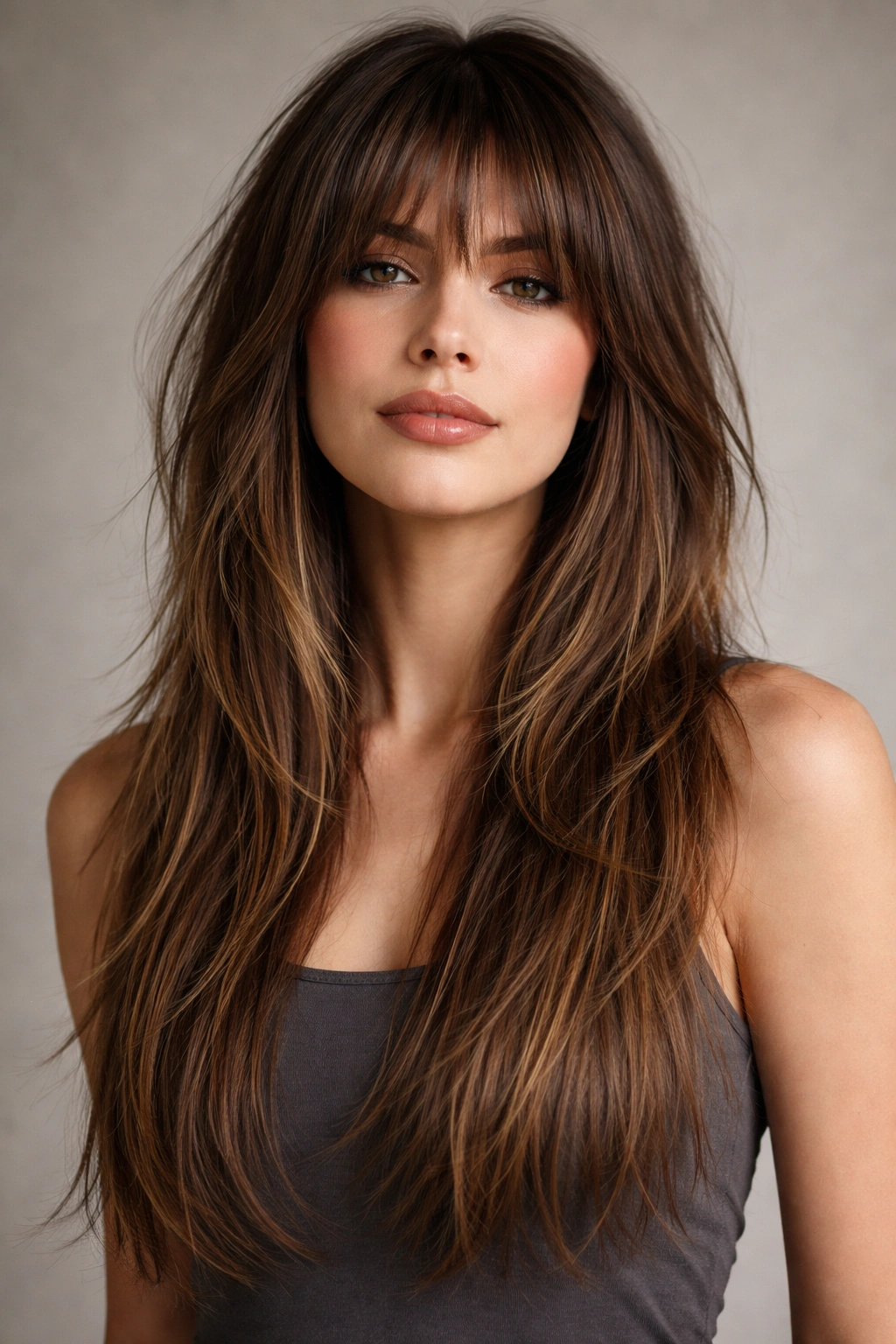 Close-up of straight hair with layered shaggy midi on crown and mid-lengths