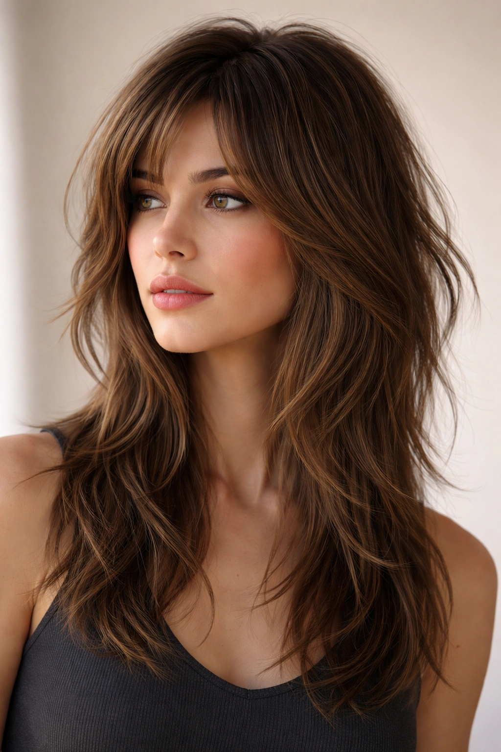 Shaggy modern layers with crown volume and layered underpieces