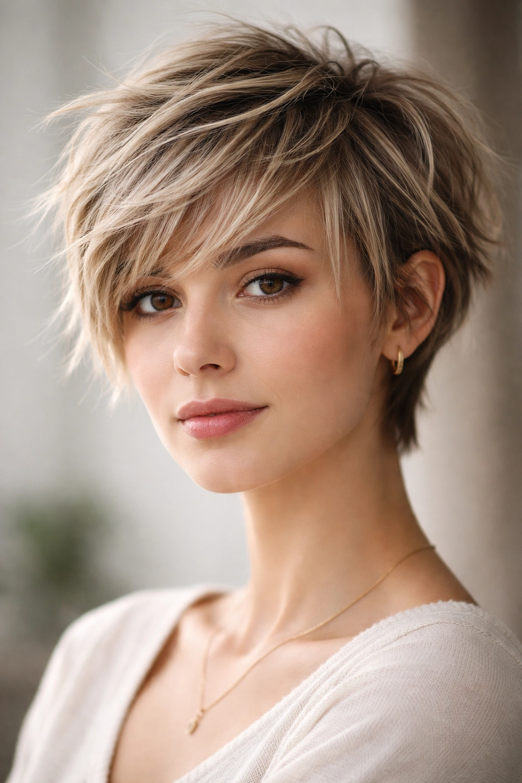 Layered shaggy pixie with tousled straight hair