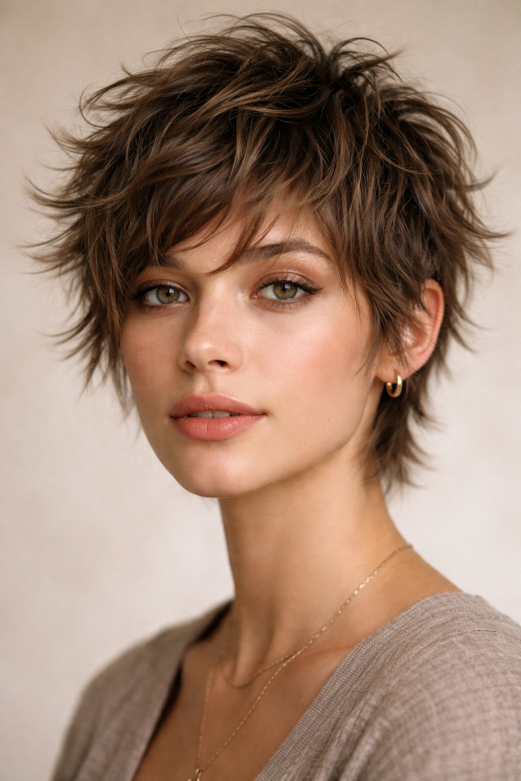 Close-up of a model with a short shaggy pixie cut with layered texture