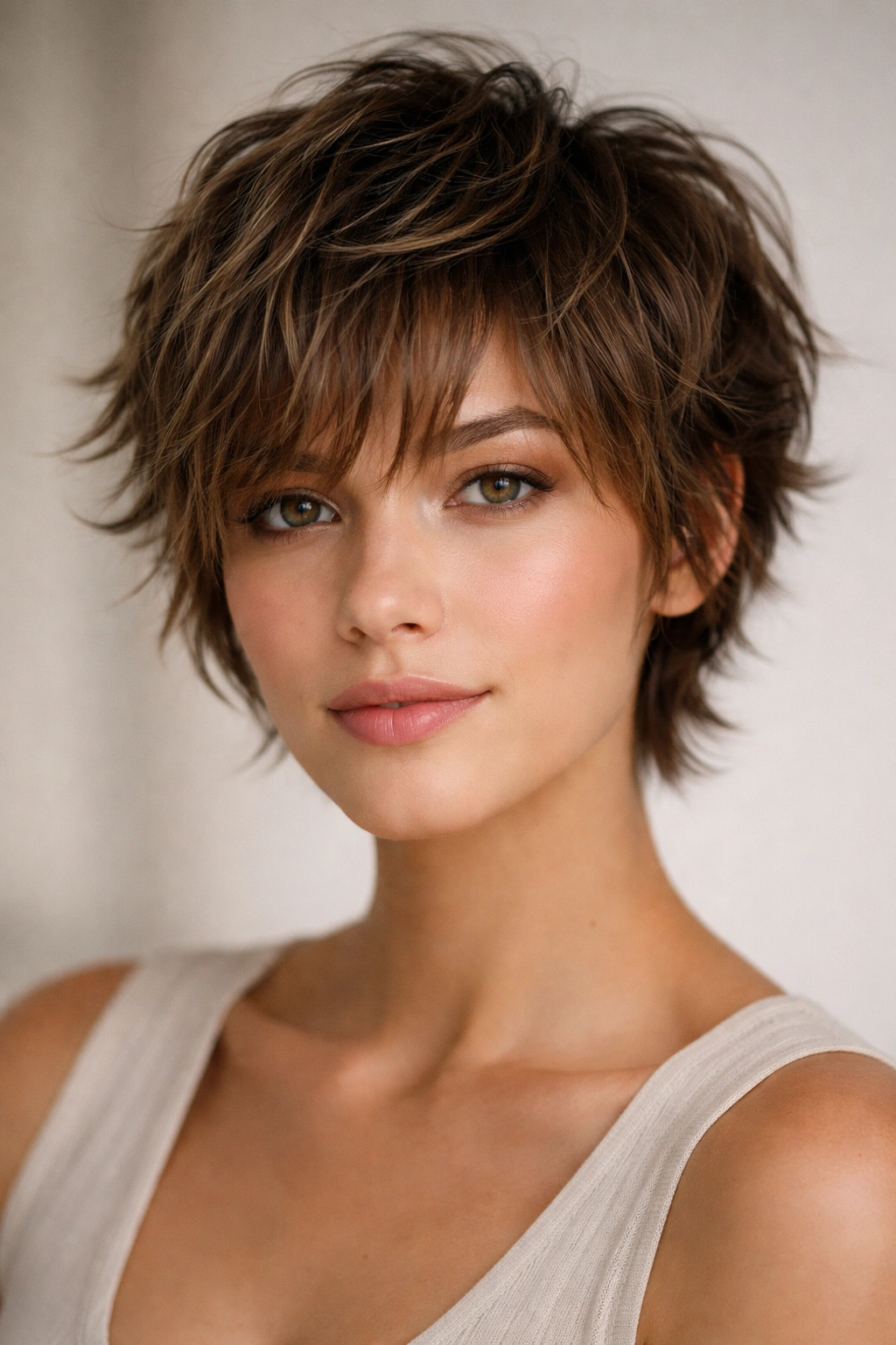Close-up of a shaggy pixie with wispy bangs and wavy texture.