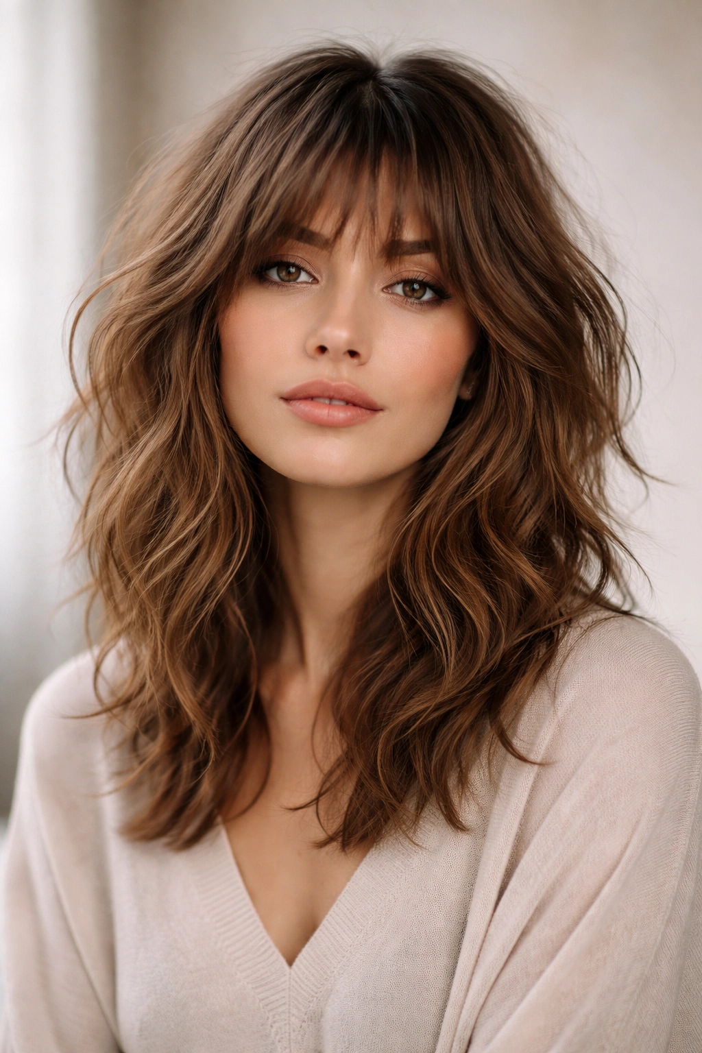 Shaggy textured hair with soft feathered bangs