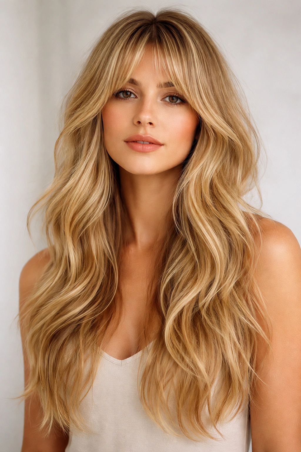Shaggy long waves with curtain bangs on blonde hair