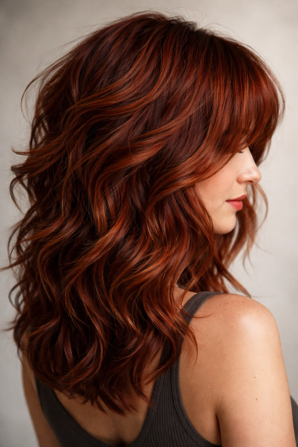 Medium red shaggy wavy hairstyle with movement and textured layers